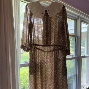 Vintage 1980s Cottagecore Brown Dress with Embroidered Collar